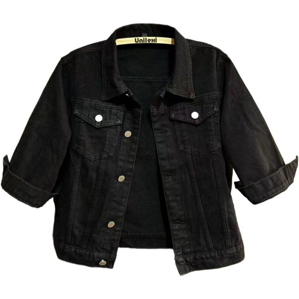 Women's 3/4 Sleeve Colored Cropped Denim Jacket Short Jean Jacket Trucker Black